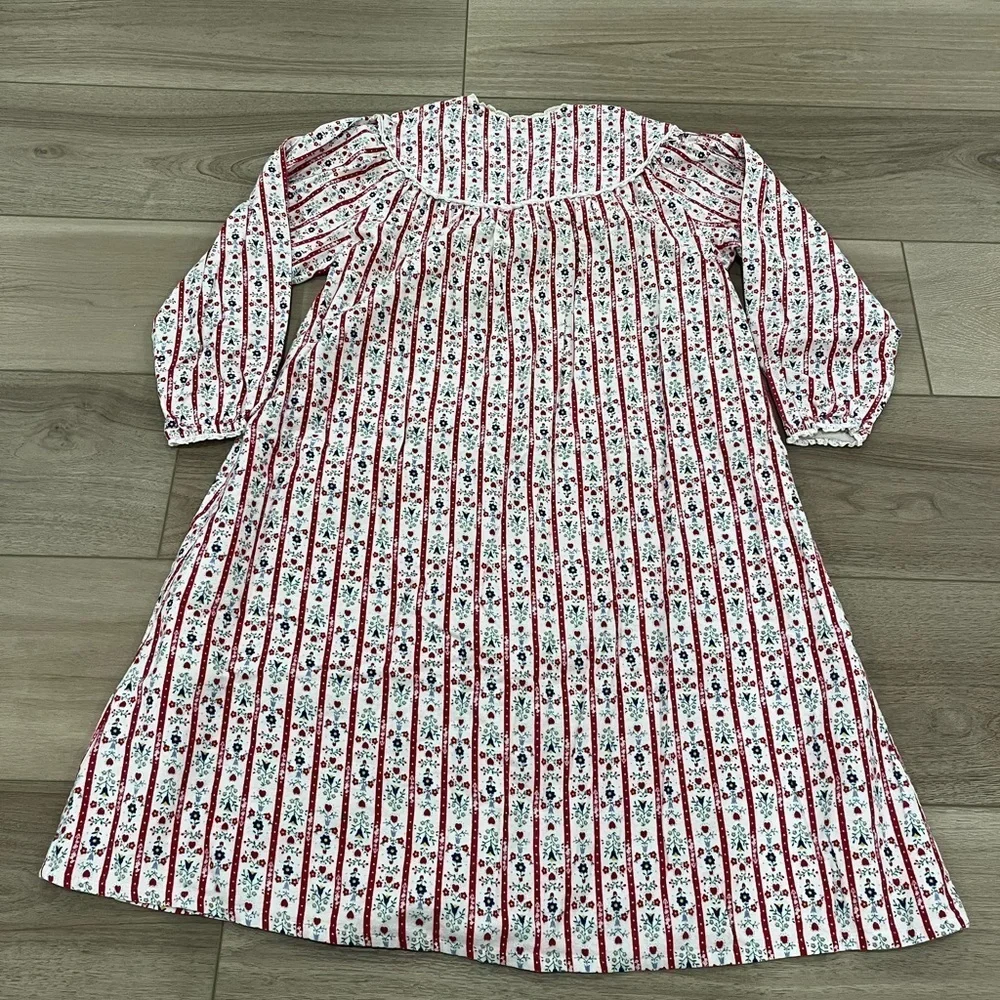 LANZ OF SALZBURG Tyrolean Flannel Nightgown White Red Stripes Floral Hearts M